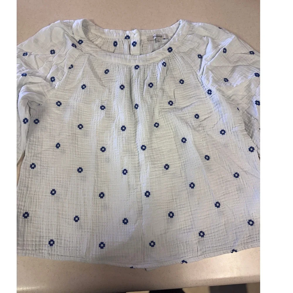 Madewell White Blue Embroidered Double Gauze Button Back Puff Sleeve Top M